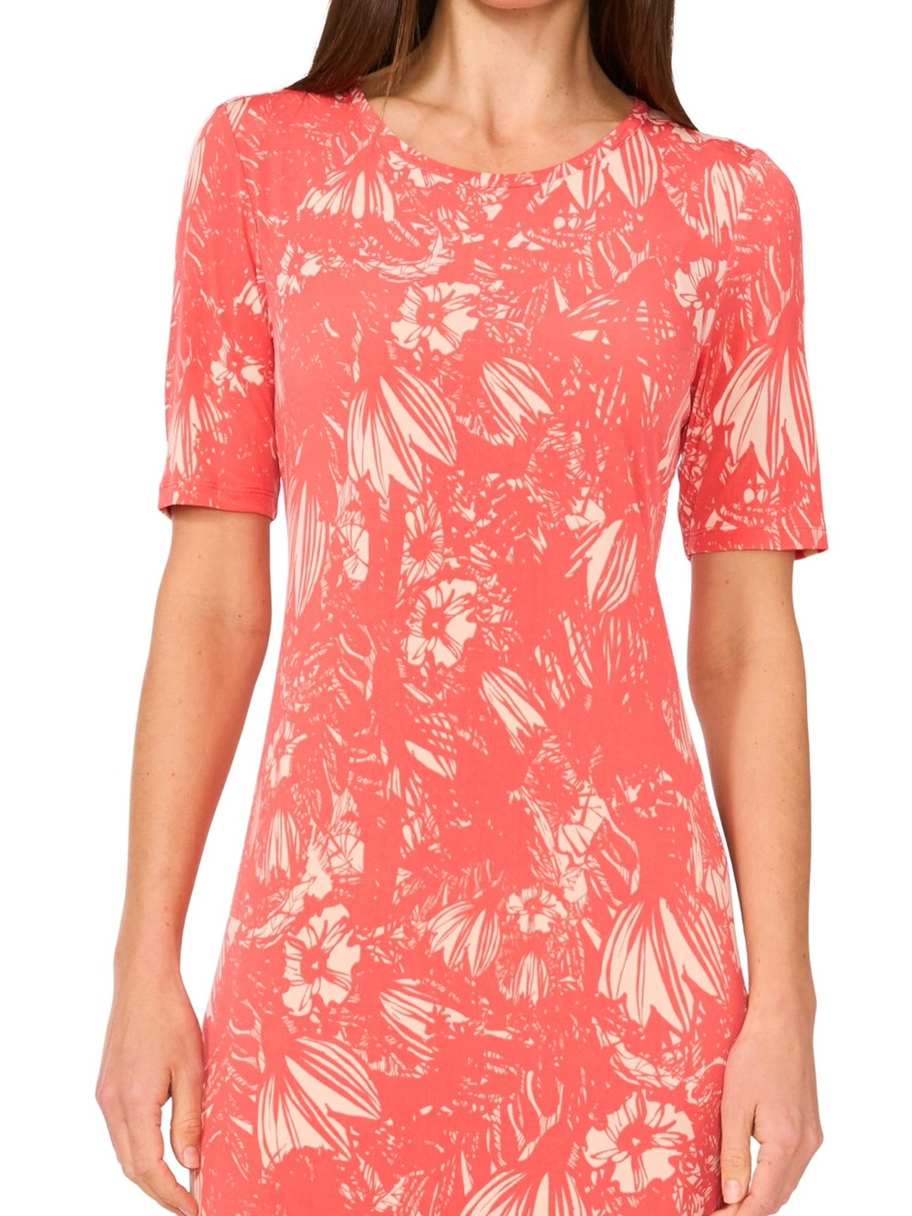 Vince Camuto Coral and Cream Floral Short-Sleeve Dress